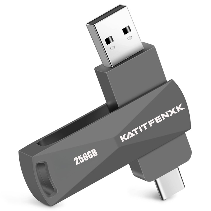 USB 3.0 флаш памет, KATITFENXK®, 256GB, Високоскоростна, Архивиране на файлове, 2 в 1 флаш устройство, Type-C адаптер, USB-A, Подходящо за мобилни телефони, компютри и таблети, Черен