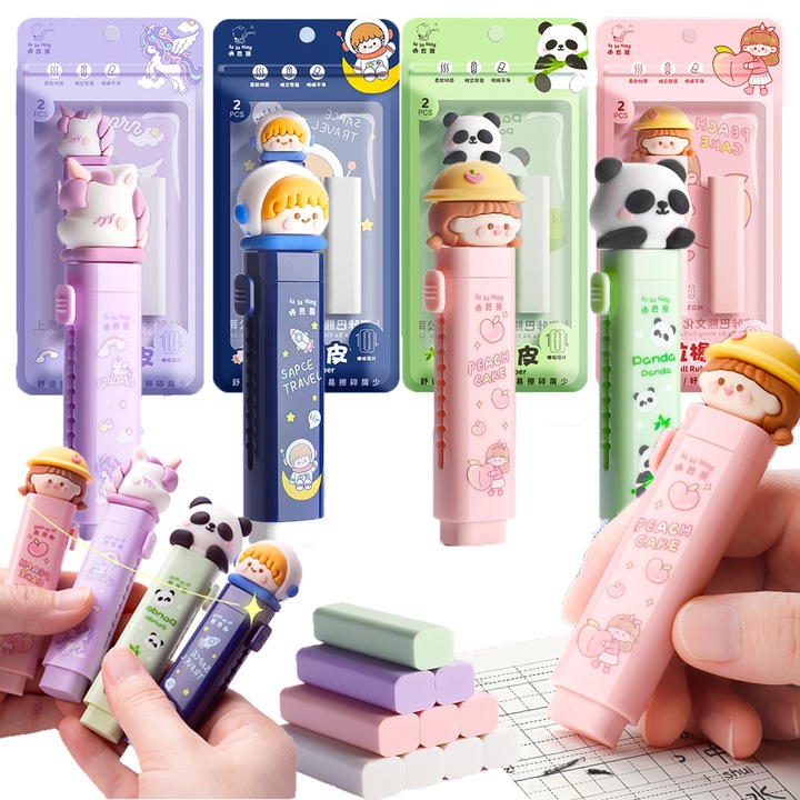 Radiere retractabile dragute, 4 piese de radiere retractabile cu 4 rezerve de radiera, radiere retractabile cu design astronaut Peach Girls Unicorn Panda Slide pentru copii, baieti si fete, rechizite scolare