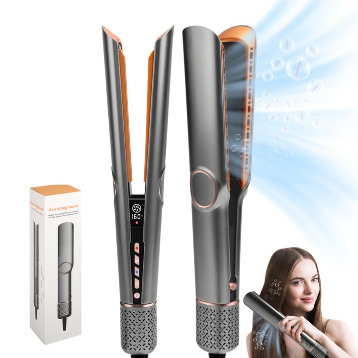 Uscator de par si placa de indreptat parul cu aer cald, 2 in 1, Putere 1300W, ioni negativi, hair straightener, uscare rapida, 2 moduri de temperatura, 2 viteze de aer, buton aer rece, motor 110000 rpm, zgomot redus, gri portocaliu, TSItech®