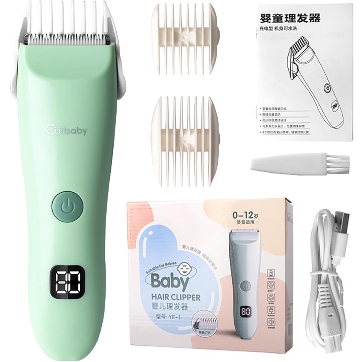 Машинка за подстригване за бебета и деца VALA® Baby VF1, безжична, ултра тиха, с батерия, презареждаща се с USB, индикатор, керамични ножчета, водоустойчивост IPX7, гребени включени, зелена