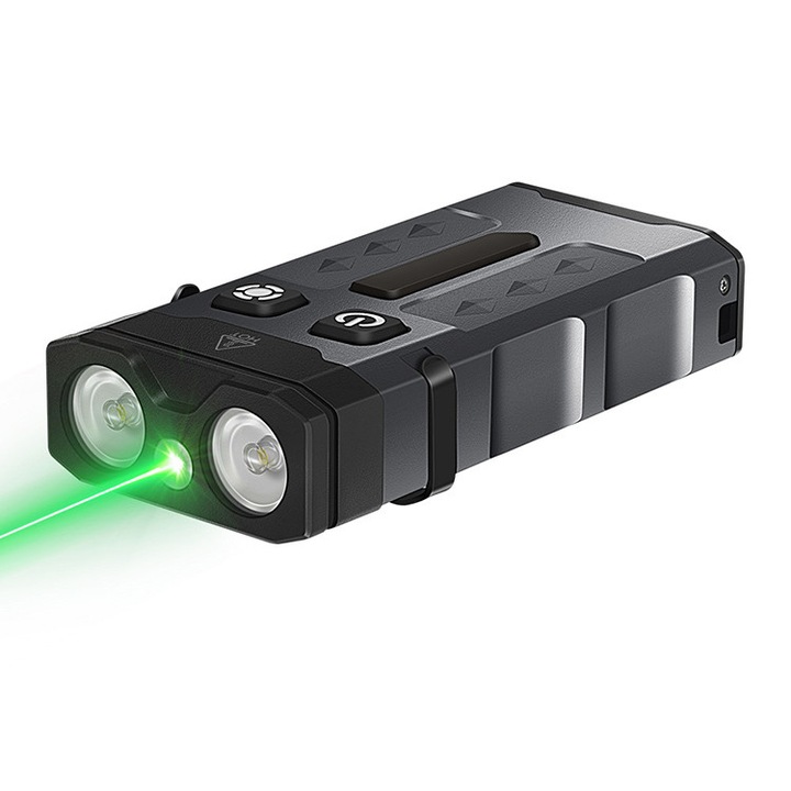 Hordozható zseblámpa, 1100 lumen, fehér fény, zöld lézer, RGB oldalsó fény, IP66 vízálló, ütésálló, 1000mAh, USB-n tölthető, fekete