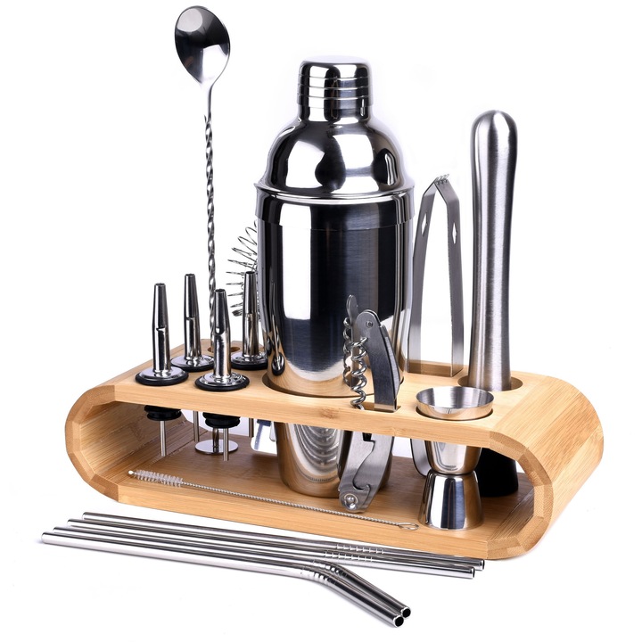 Gockowiak Gaston 17 darabos bártender készlet, ezüst, rozsdamentes acél, 550ml, bambusz