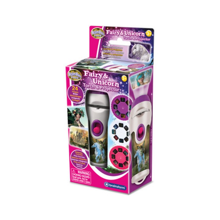 Latarka proiectoare Brainstorm, set cu 3 discuri, imagini cu zane si unicorni, 11x3,5cm