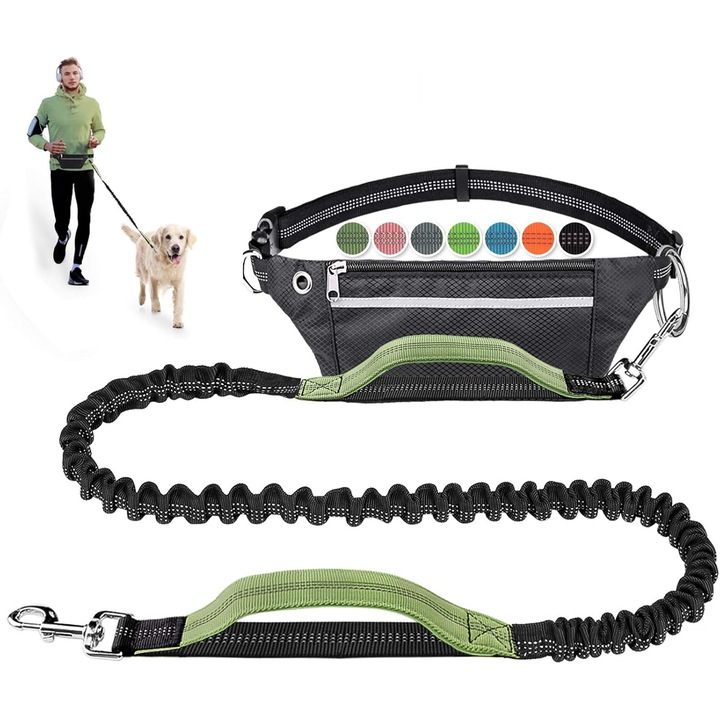 Повод за кучета без ръце, прибиращ се, с регулируем колан за кръста, светлоотразителни шевове, двойни дръжки