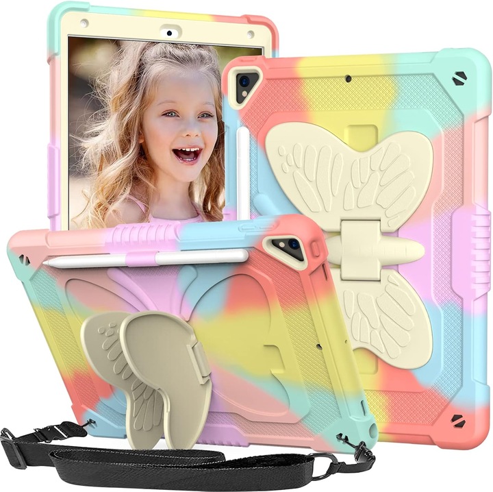 iPad 9./8./7. generációs tok ceruzatartóval és vállpánttal, pillangós 10,2 hüvelykes iPad tok 2021/2020/2019 lányoknak, ütésálló, teljes testet védő tok iPad - színes