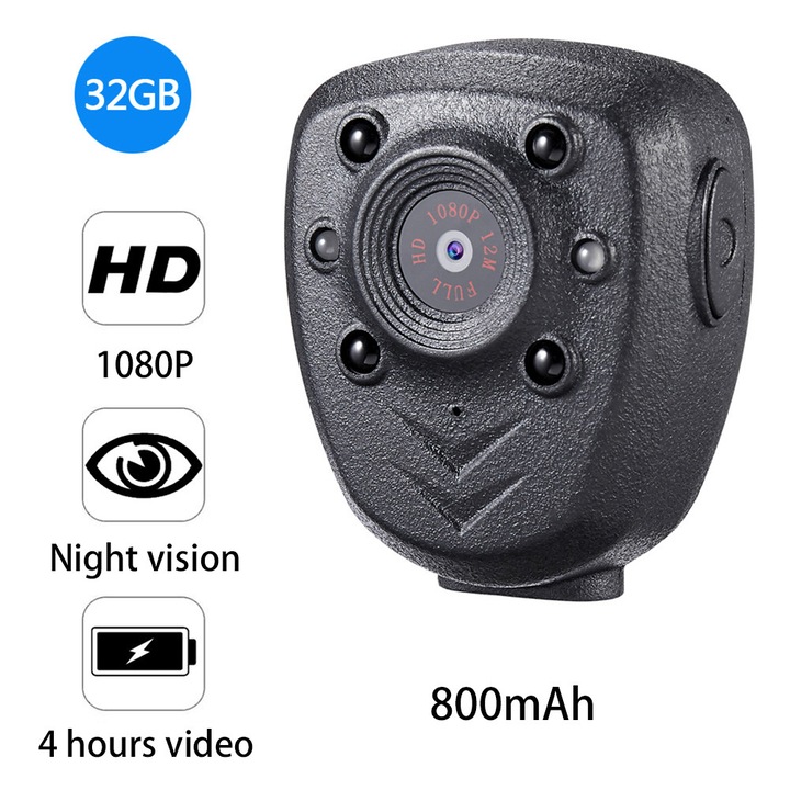 Мини преносима видеокамера, 1080P, нощно виждане, 32GB, черна, 360° въртяща се, 5ч автономност