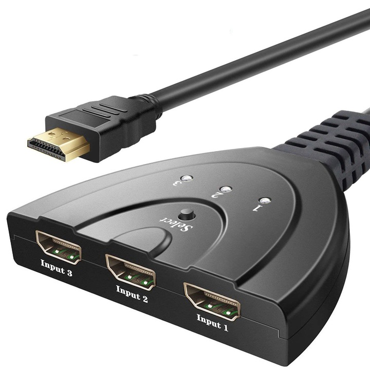 3-портов HDMI превключвател с Pigtail кабелен разклонител, високоскоростен конектор, поддръжка на 3D 1080p за HDTV, PC, PS3, Xbox One, Xbox360, проектор, STB, Nintendo Switch, Blu-ray DVD плейър, кабел и др.