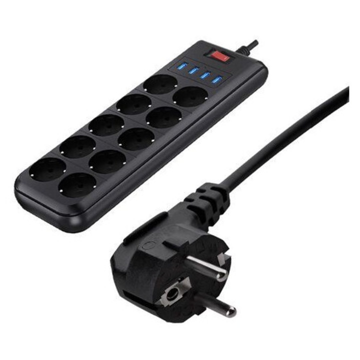 Удължителен кабел с 10 гнезда и 3 USB порта, черен