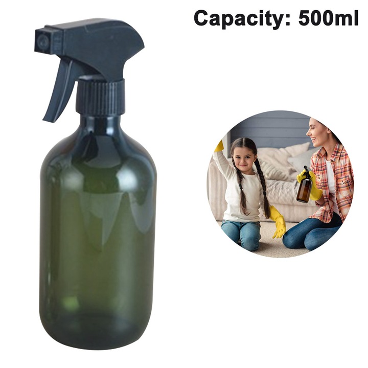 Spray flakon, 300ml és 500ml, PET, barna zöld átlátszó, fekete szórófej
