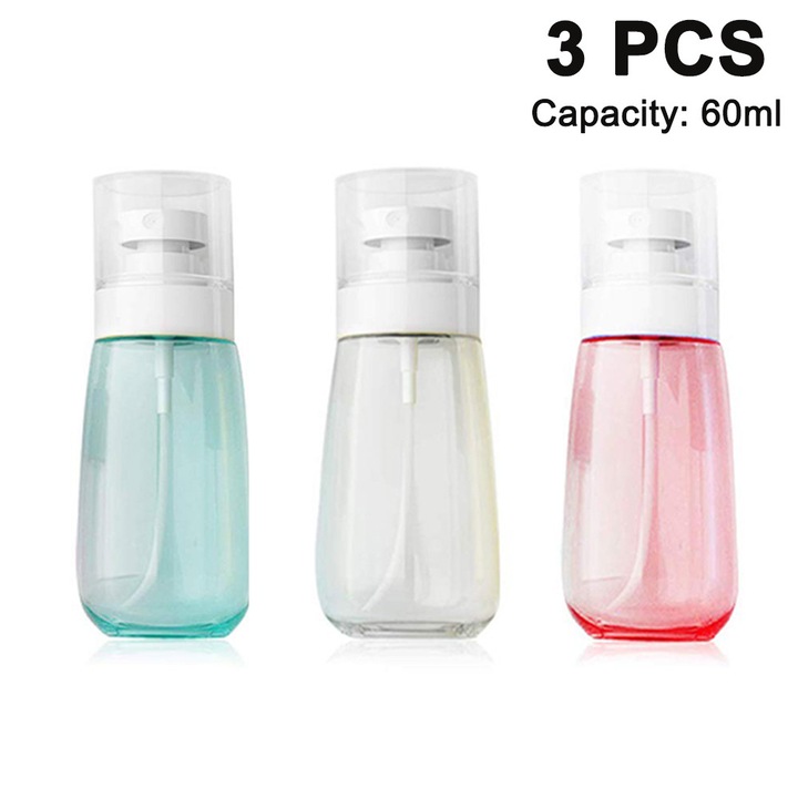 3 db átlátszó spray flakon készlet, 30x60x100 ml, újrafelhasználható, kompakt