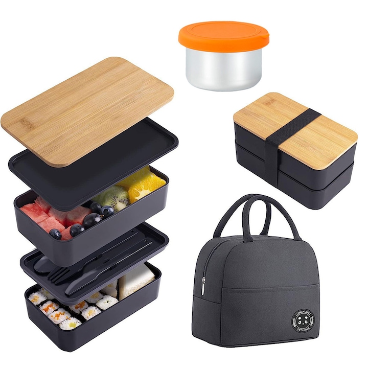 Кутия за обяд с отделения за жени и мъже, с комплект прибори за хранене, непропусклива и безопасна за микровълнова печка/съдомиялна машина, PP, SWJOYOL, черна