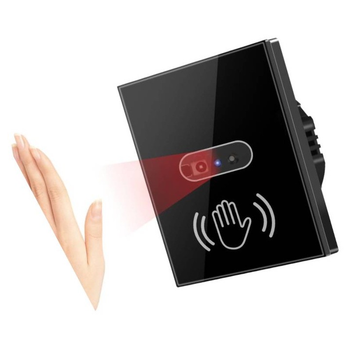 Intrerupator Fara Atingere cu Control Senzor Infrarosu, Consum Redus de Energie, Panou Sticla Securizata, Protectie Socuri Electrice, Distanta 8 cm, Negru, Precizie ridicata, fara erori, Economie de energie si longevitate