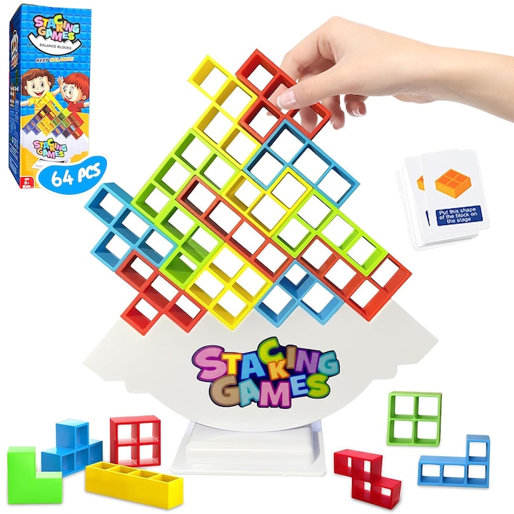 Joc de Societate Tetra Tower, 64 Piese, Ideal pentru Copii, Adulti adulti, petrecere, prieteni si Bunici, echipa, calatorii, Multicolor, 2-4 Jucatori, 3 ani+