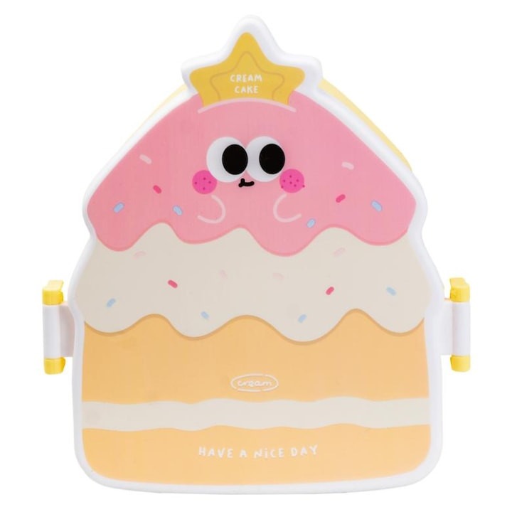 Caserola ermetica pentru copii, design prajiturica, Galben/Roz, 20cm, cu furculita si lingurita incluse