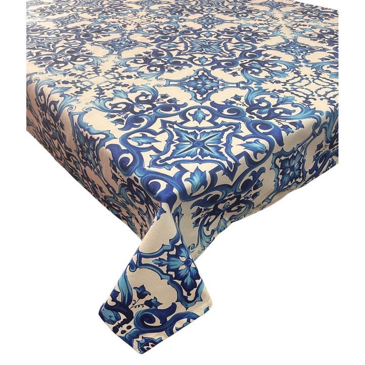 Vízálló pamut terítő virágmintával, 100% pamut, fehér alapon kék mintával, 8 személyes