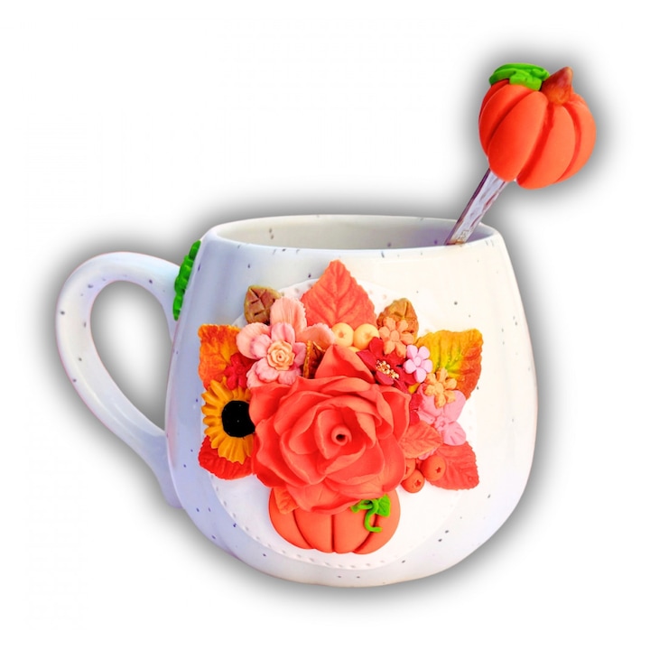 Комплект ръчно изработени чаши - Есенен букет - Керамика, декорирана с полимерна глина