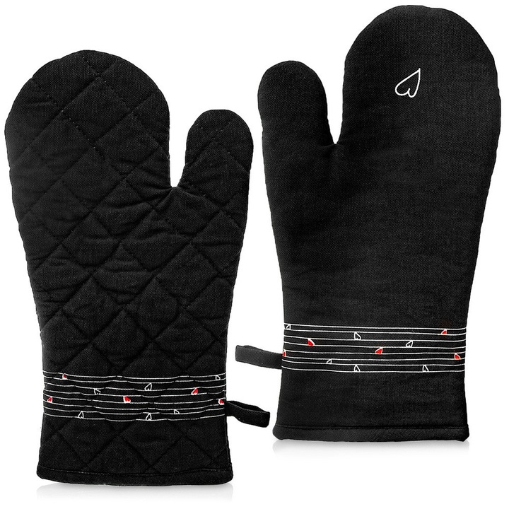 Set De Manusi De Bucatarie, Orion, Heart, Manusi De Cuptor, 30x17 cm, Negru, Fabricate Din Bumbac, Magnet Practic Si Bucla, Protectie Eficienta Impotriva Temperaturilor Ridicate, Lavabile