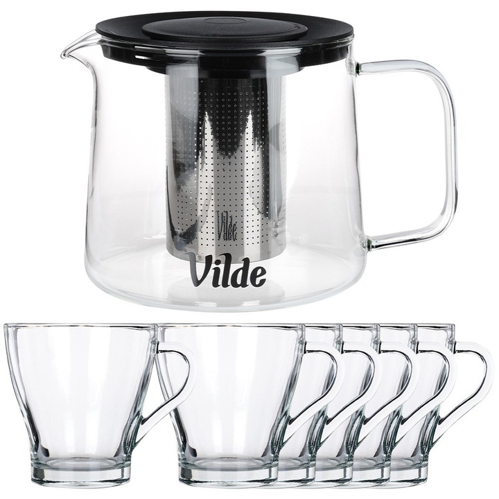Set Ceainic cu Infuzor și Cani, Vilde, Negru/Transparent, Sticlă Rezistentă, 1.5L, 21x15x13.5cm, Cani 9.5x8.5x11cm