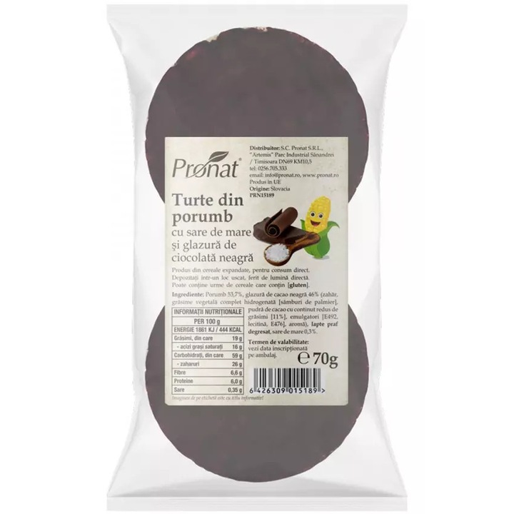 Turte din porumb cu sare de mare si glazura de ciocolata neagra, 70g Pronat