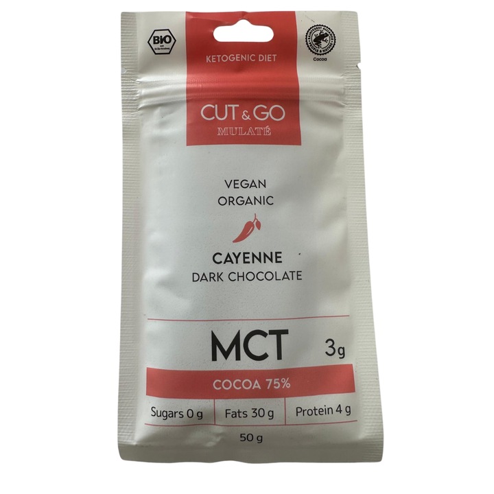 Cut&go ciocolata Eco neagra Mulate cu MCT, piper cayenne si indulcitor, 50 g