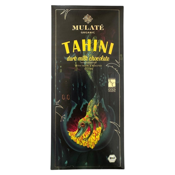 Ciocolata neagra cu lapte Eco Mulate cu tahini si susan prajit, 80 gr