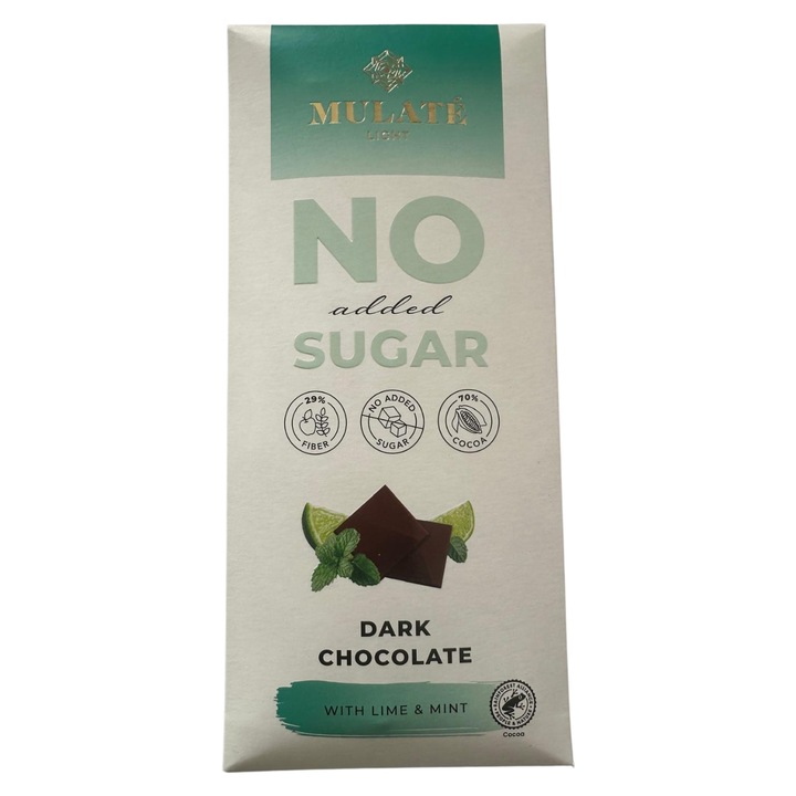 Ciocolata neagra Mulate cu lime & menta, fara zahar adaugat, cu indulcitor, 90 g