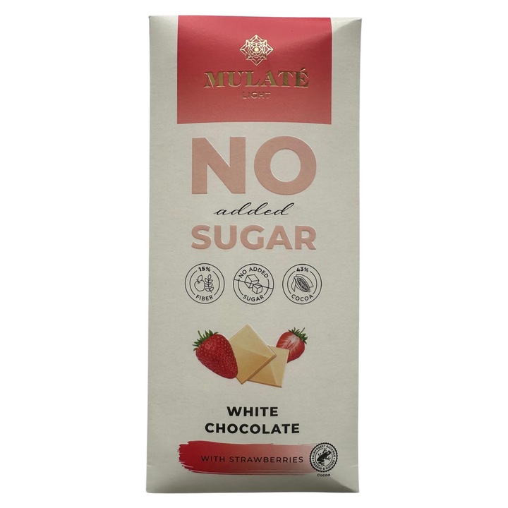 Ciocolata alba Mulate cu capsuni, fara zahar adaugat, cu indulcitor, 90 g