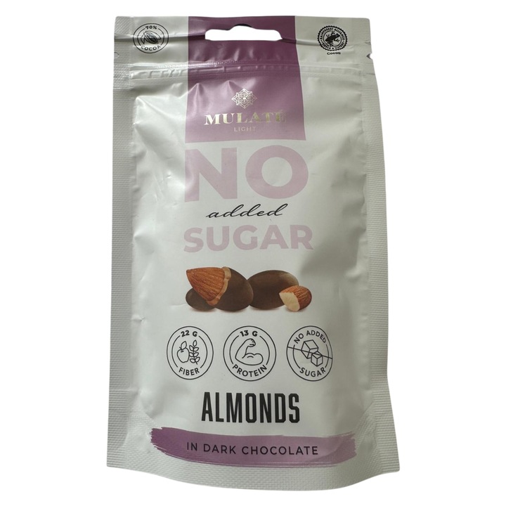Mulate Migdale prajite in ciocolata neagra, fara zahar adaugat, cu indulcitor, 90 g