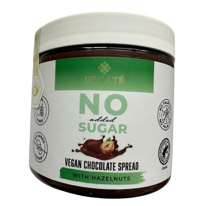Crema tartinabila Vegana Mulate de ciocolata cu alune de padure, fara zahar adaugat, cu indulcitor, 230 gr