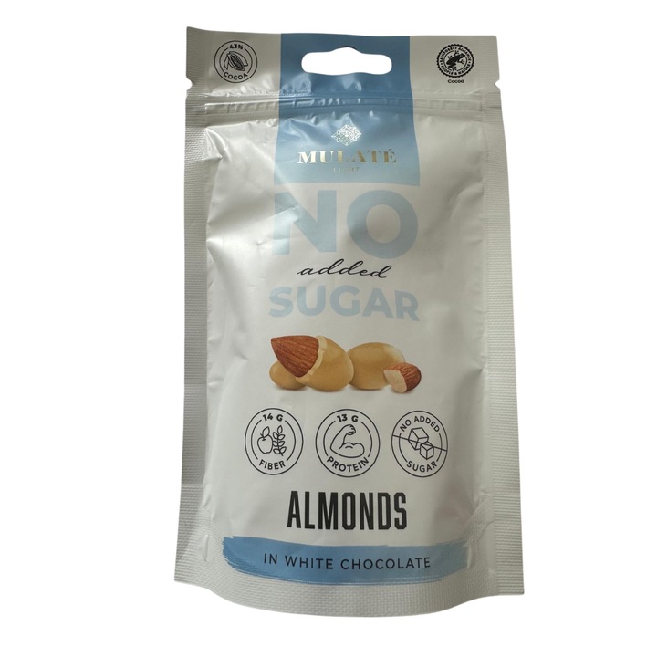 Mulate Migdale prajite in ciocolata alba, fara zahar adaugat, cu indulcitor, 90 g