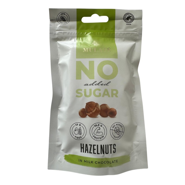 Mulate Alune de padure prajite in ciocolata cu lapte, faza zahar adaugat, cu inlocuitor de zahar, 90 gr