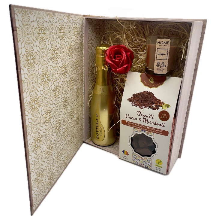 Pachet cadou pentru Femei Toche de Gold cu Bottega Gold Prosecco vin spumant, Ambrozia biscuiti vegani cu cacao si mirodenii alaturi de alte suprize parfumate