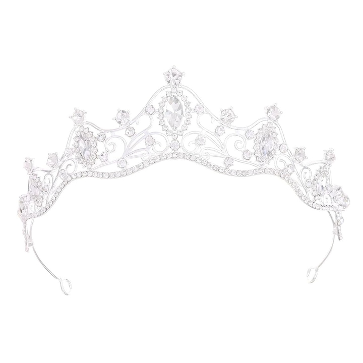 Coronita mireasa, SINBINTA, Diadema tip printesa cu cristale, Argintiu, 15x7cm