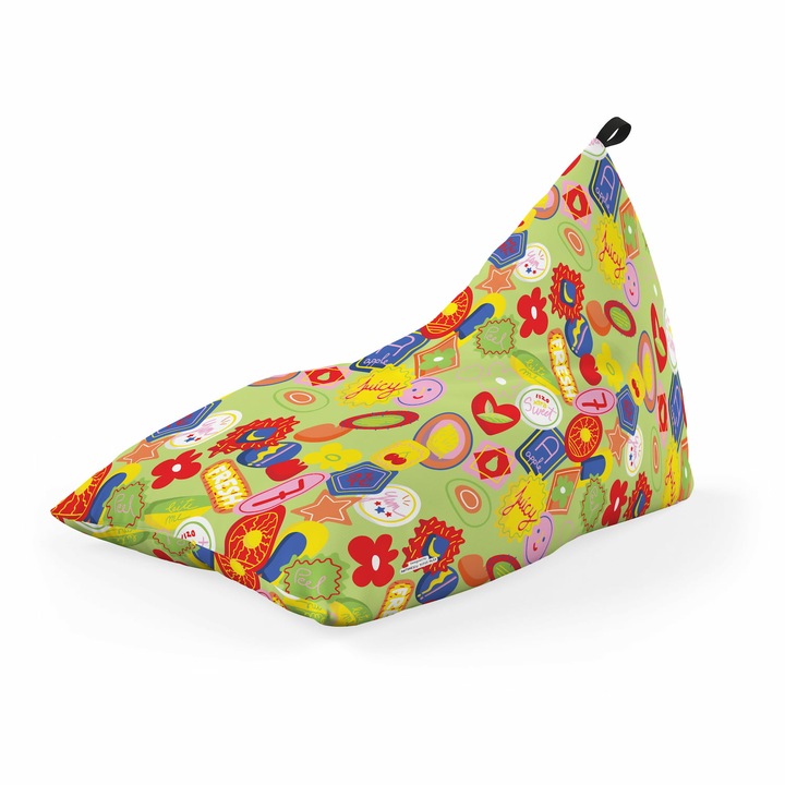 Fotoliu Updeco Puf Bean Bag tip Lounge, impermeabil, indoor/outdoor, sac interior, cu maner, 140 x 80 x 65 cm, Stickers Green