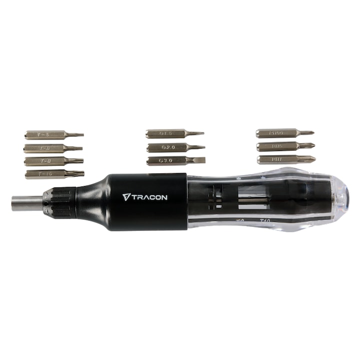 Precíziós racsnis csavarhúzó, cserélhető fejekkel, Phillips 00/0/1, lapos 1.5/2.0/3.0, torx T5, T6, T8, T10, APCS10, Tracon electric