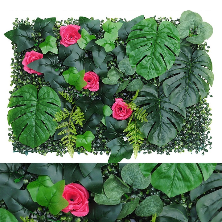 Feicaeesa® Изкуствено растение, Декоративен панел с разнообразни зелени листа 40x60 см, За вътрешна употреба, Зелено, Розово червено