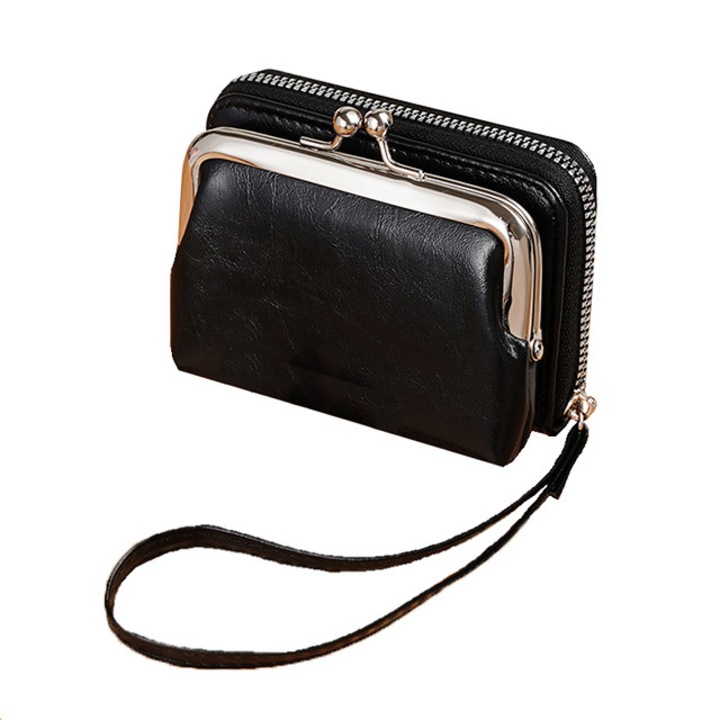 Портфейл за дами, екокожа, с цип и клипс за закопчаване, отделение за монети, 12 отделения, черен