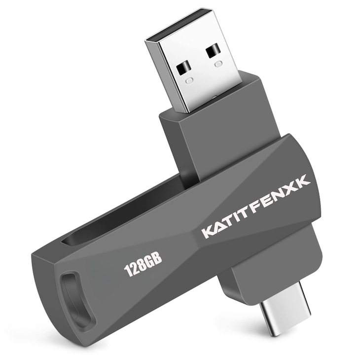 USB 3.0 памет, KATITFENXK®, 128GB, високоскоростна, архивиране на файлове, 2 в 1 флаш устройство, Type-C адаптер, USB-A, подходяща за мобилни телефони, компютри и таблети, черна