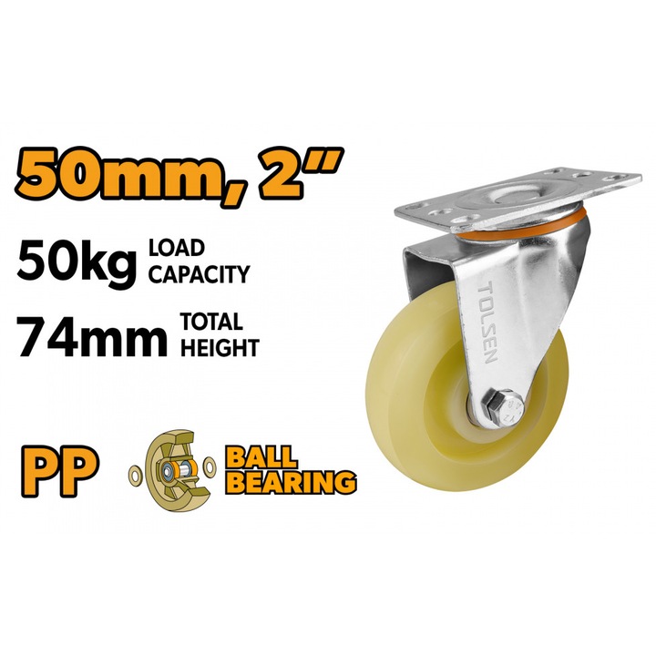 TOLSEN 2"-os (50 mm-es) fékes forgógörgő, 50 kg teherbírás, polipropilén test, 52x35 mm-es lyuktávolság, ideális bútorokhoz és könnyű berendezésekhez