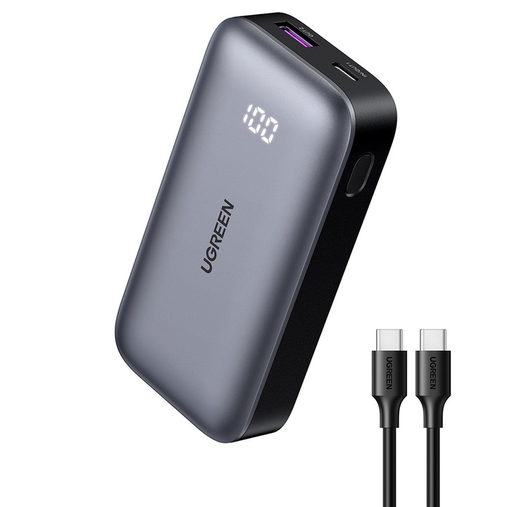 Baterie Externă fără Fir Stef's Cat, 10000mAh, 30W, USB, Type-C, Gri