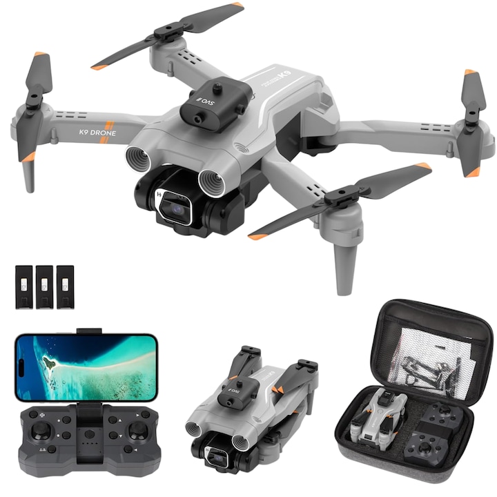 Интелигентен дрон QuadCopter с камера, 4K, 50X, HeadLess Mode, 3D Flip, Излитане/Кацане с един бутон, с функция за избягване на препятствия, Сгъваемо съхранение, Три батерии, Сив