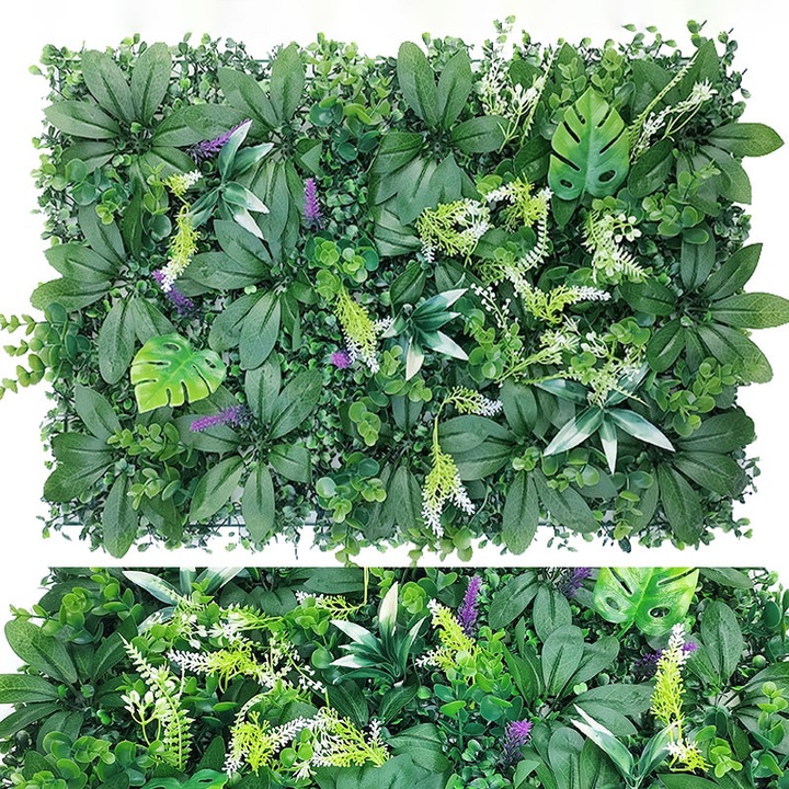 Feicaeesa® Изкуствено растение, Декоративен панел с разнообразни зелени листа 40x60 см, За вътрешна употреба, Светло зелено, Лилаво