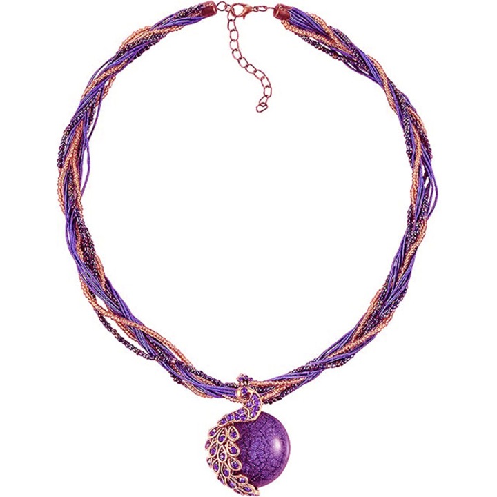 Colier stil bohemian, cu pietre semipretioase si pandativ paun, lungime reglabila, sistem inchidere tip lobster, violet