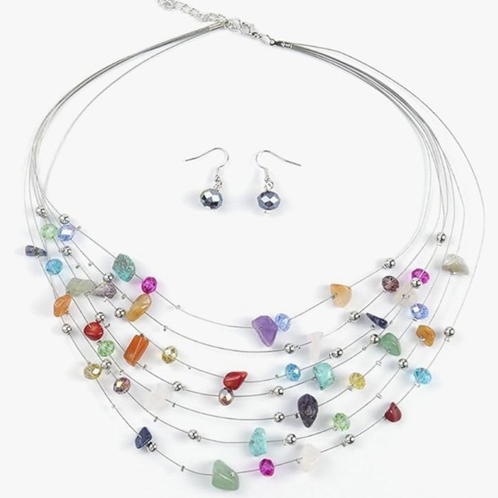 Set colier cu cercei, cu pietre semipretioase, lungime reglabila, sistem inchidere tip lobster, multicolor