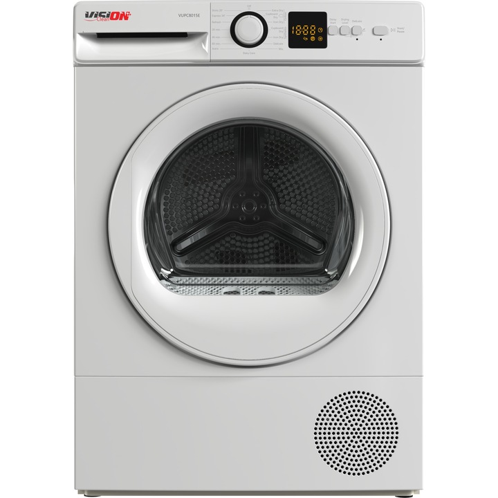 Uscator de rufe cu pompa de caldura Vision Clean VUPC8015E, 8 kg, Display digital, Silentios, Lumina cuva, Alb, Clasa E