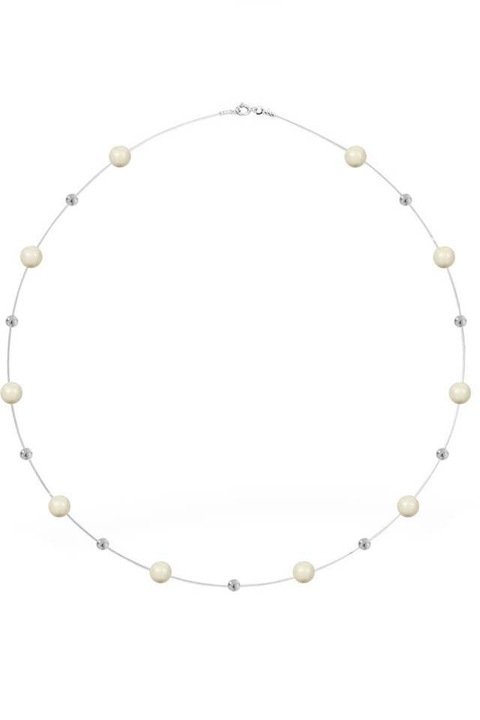 Colier la baza gatului Floating Pearl cu fir transparent de silicon si perle naturale de cultura albe de 4 mm cu accesorii din Argint 925