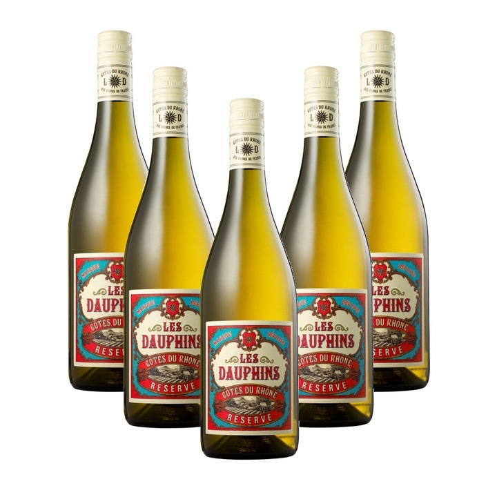 Vin alb sec LES DAUPHINS DOC Cotes du Rhone, set de 5 sticle x 750 ml