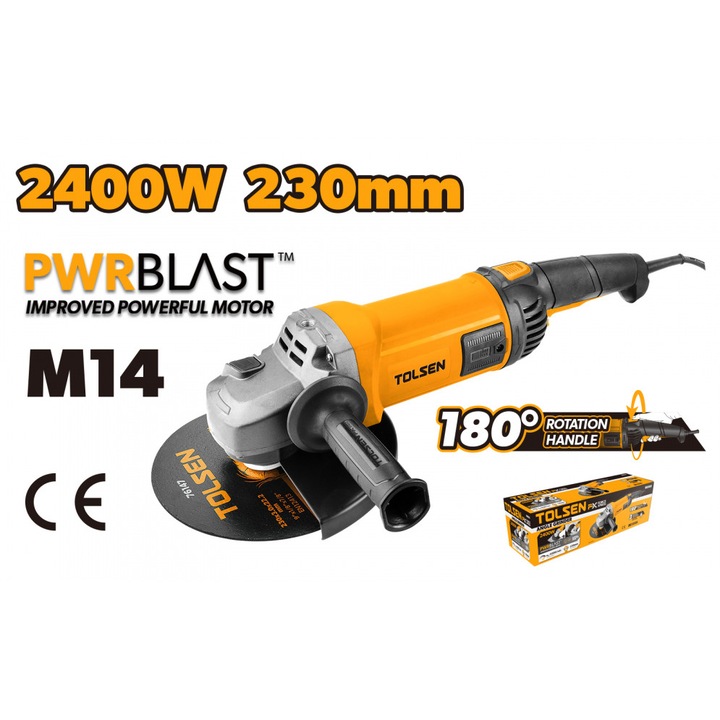 Polizor unghiular TOLSEN PwrBlast 2400W, disc 230mm, maner rotativ 180°, accesorii incluse, aprobat CE, cablu 2m – ideal pentru debitare, slefuire si taiere materiale diverse