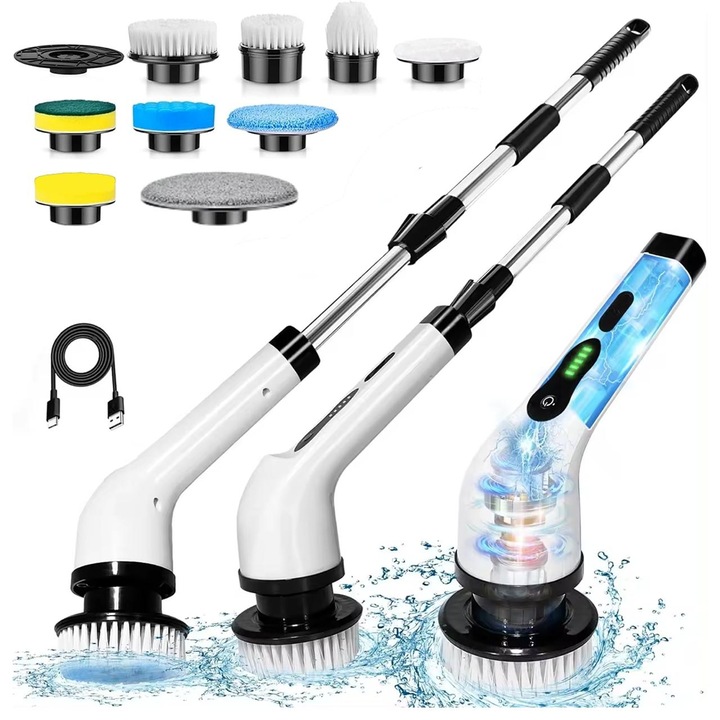 Perie Smart electrica rotativa, material ABS-77, pentru curatare eficienta effort-less, multifunctionala fara fir, maner extensibil, Baterie 2600mAh, incarcare type USB-C, 9 capete detasabile pentru diverse suprafete, alb, HAPPY JOKER®