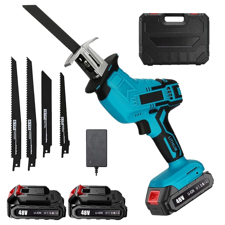 Fierastrau electric tip sabie NEXTLY, 2 acumulatori de 48V, 4 lame, lemn/metal, taiere alternativa, 3000 curse pe minut, 0-100mm capacitate de taiere, cursa de 20mm, tip soricel, negru-albastru